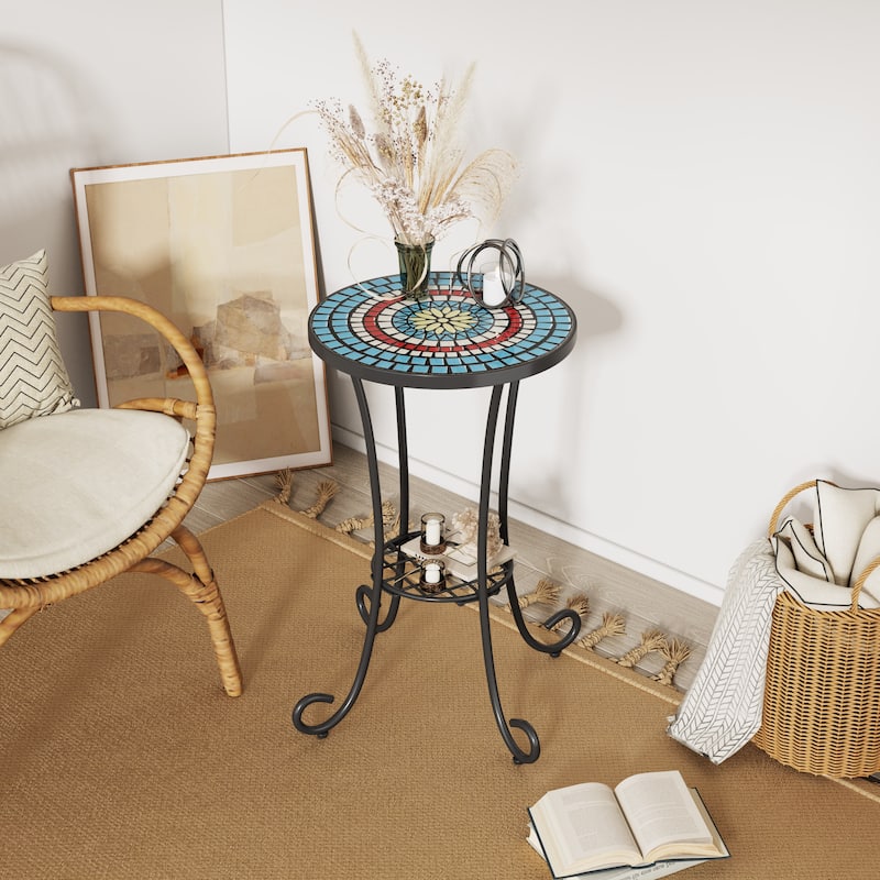 Roomfitters Outdoor Patio Side Table with Ceramic Tile Top and Lower Shelf, Floral