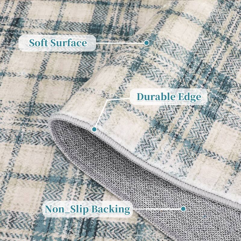 Washable Area Rugs for Living Room Bedroom Modern Plaid Rug Soft Non Slip Low Pile Farmhouse Geometric Rug