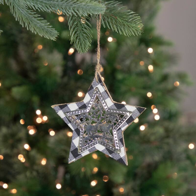 Buffalo Plaid Star with Reindeer Christmas Ornament - 5" - Black and White
