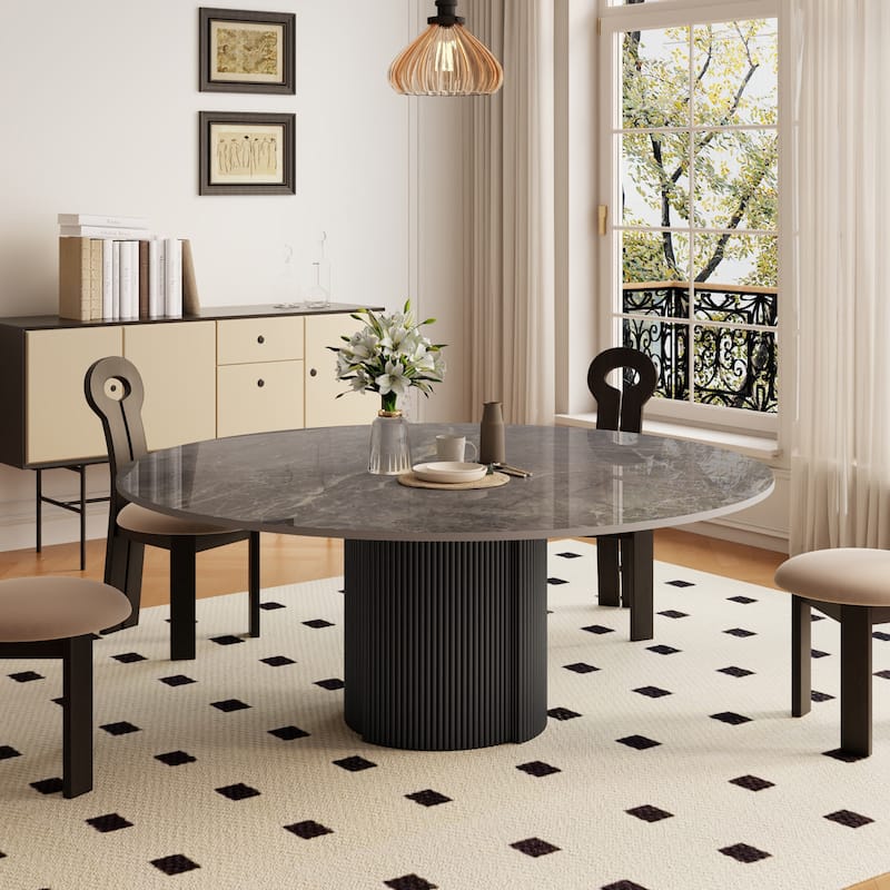 59" Modern Round Dining Table for 6-8, Glossy White Sintered stone Table top, Steel Grille column base