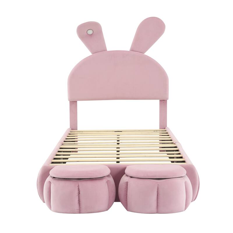 Twin Size Upholstered Platform Bed with Cartoon Ears Shaped Headboard and Light