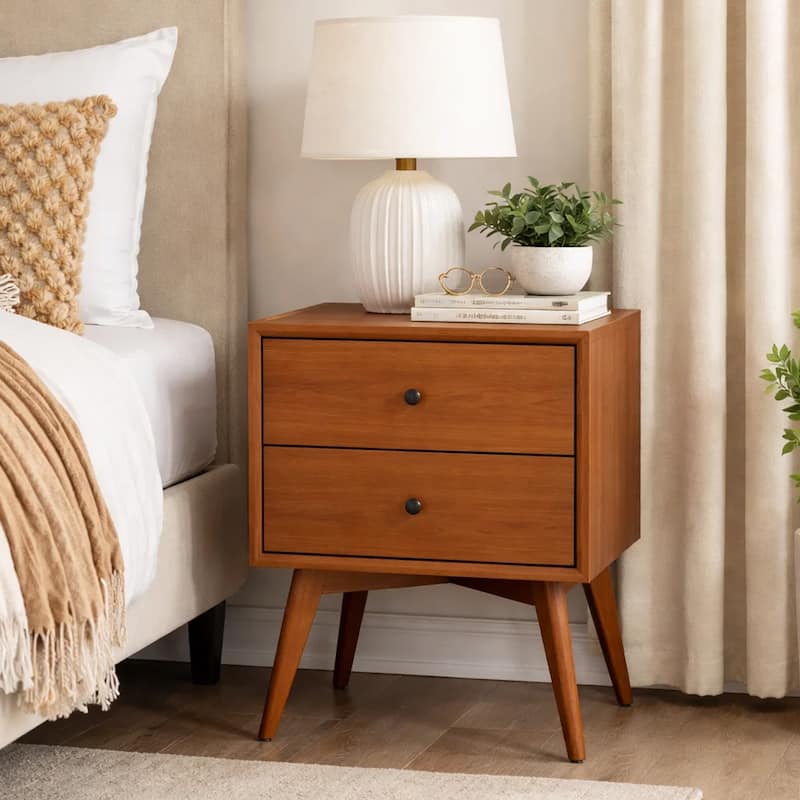 Mid Century 26 Inch Nightstand, 2 Drawers, Mahagony Wood Chestnut Brown