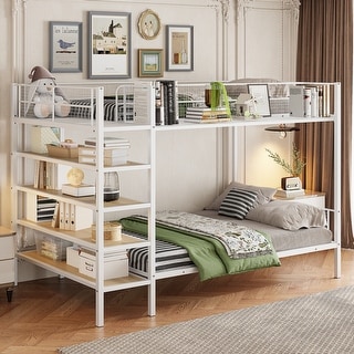 Twin Over Full Metal Bunk Bed with 5-Tier Storage Shelves, Built-In Side Shelf, and Sturdy Frame for Kids or Guest Room