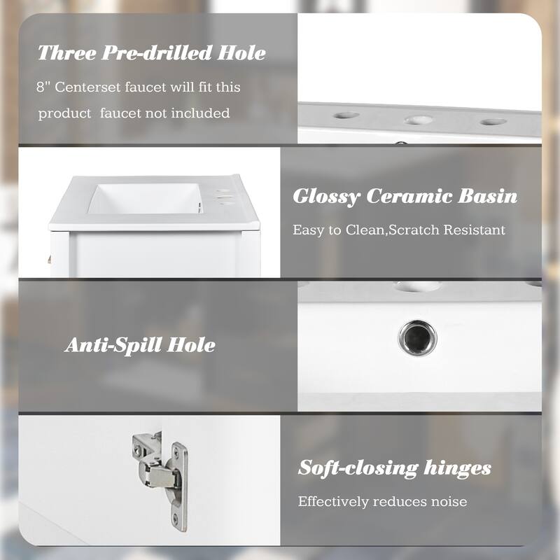 24'' Freestanding Bathroom Vanity in White with White Integrated Ceramic Sink - 30'' x 18.3'' x 33.8''