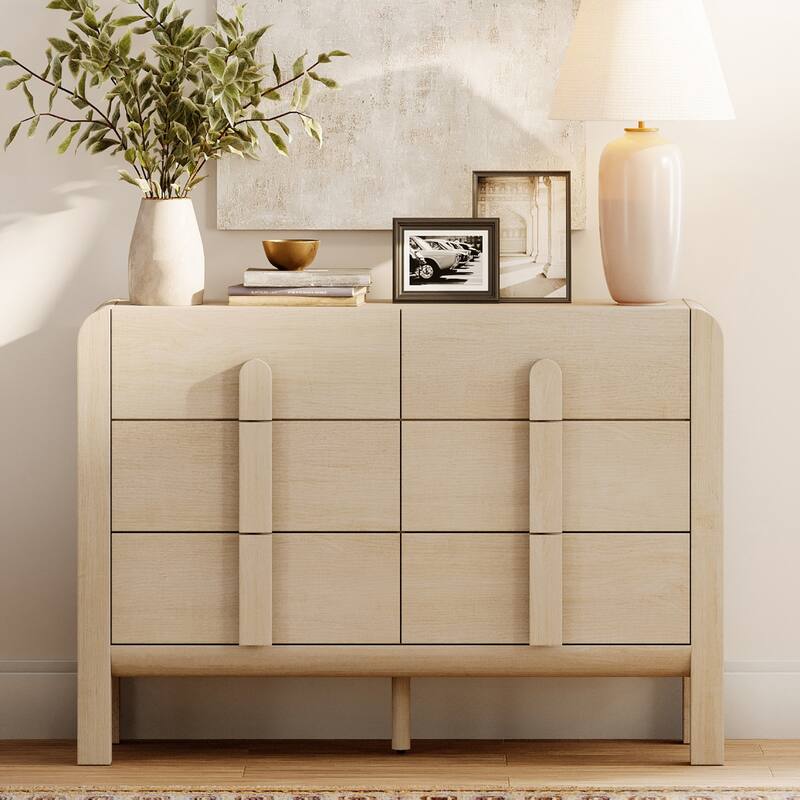 WAMPAT Mid Century Wood 6 Drawer Dresser For Bedroom, Modern Chest Of Drawers With Curved Profile Design - Light Oak