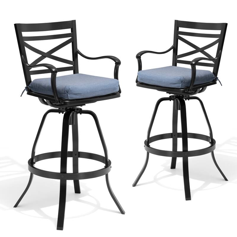 Outdoor Indoor Aluminum Swivel Patio Bar Stools Dining Chairs with Removable Sunbrella Cushion - SpectrumDenim - 2-Piece