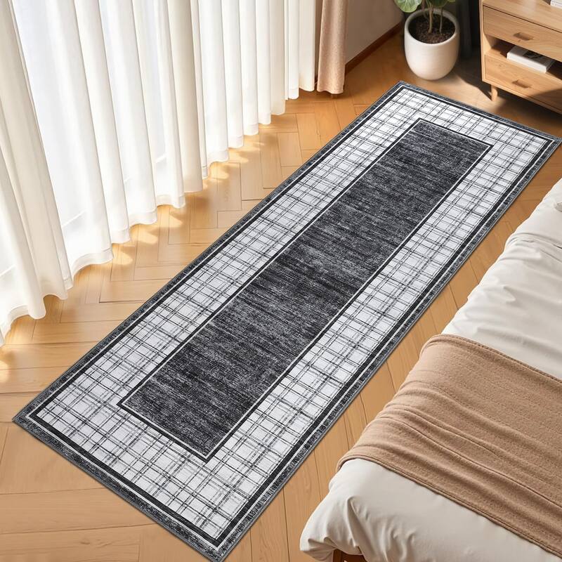 Modern Bordered Rug Farmhouse Plaid Area Rugs for Living Room Bedroom, Indoor Accent Carpet Home Decor - 2'x6' - Gray
