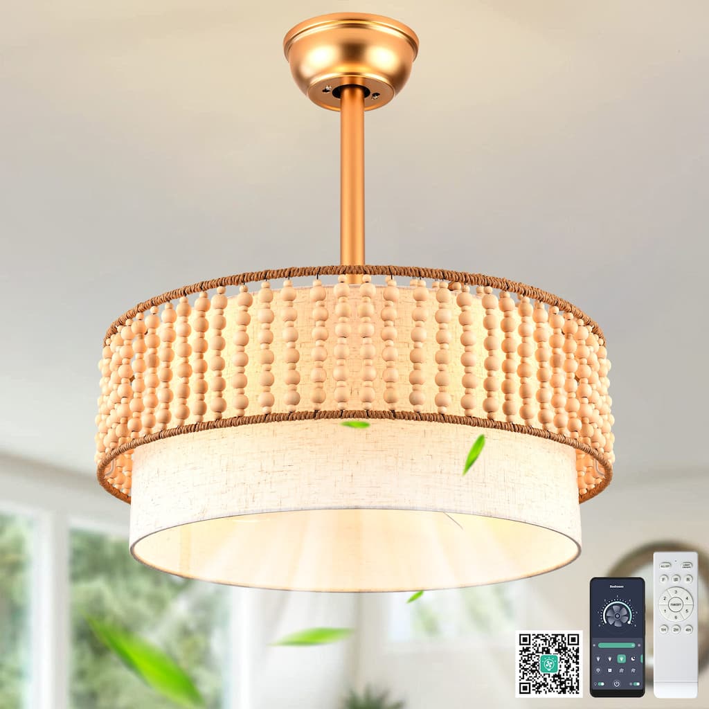 Cusp Barn 20'' Boho Caged Ceiling Fan with Lights and Remote, Wood Beaded Fandelier, Modern Smart 6 Speeds Ceiling Fan
