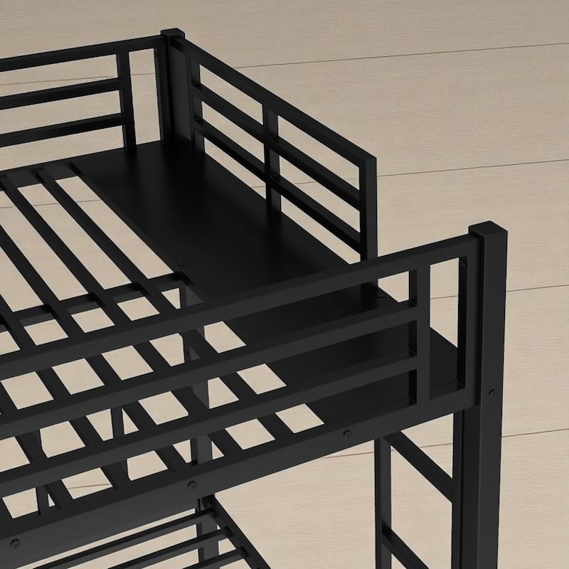 Metal Triple Bunk Bed, Twin Over Twin & Queen, Convertible to 3 Beds with Safety Rails, Ladder, and Shelf