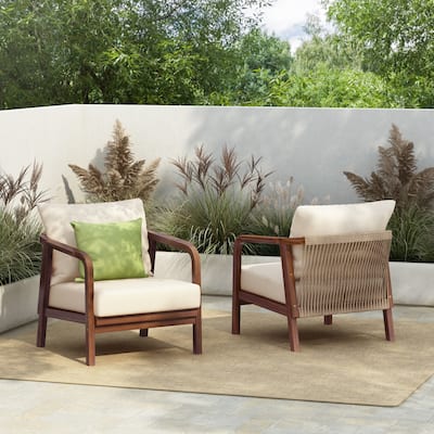 [Set of 2] 28" Outdoor Lounge Chair with Woven Backrest, Solid Wood Frame, Comfortable Cushions, and Curved Armrests