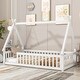 preview thumbnail 1 of 8, Modern Twin Size Pine Wood Tent-Shaped Floor Bed Frame, Teepee Bed with Guardrails & Slats for Kids Girls Boys, White White - Twin