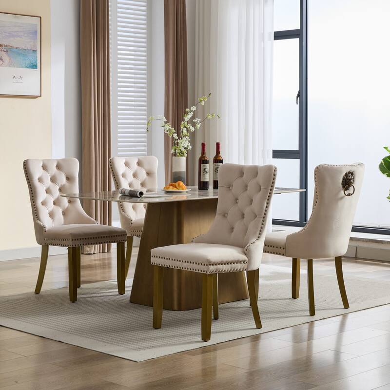 Velvet Dining Chairs Set of 2, Tufted Dining Chairs with Nailhead Trim, Kitchen Chairs with Lion Head Pulls Ring & Wooden Legs