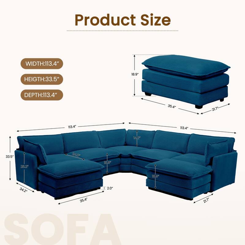7-Seater Corduroy Sectional Sofa with 2 Removable Ottomans & Corner Seat, Soft & Comfortable - 5 Seats with 2 Ottoman