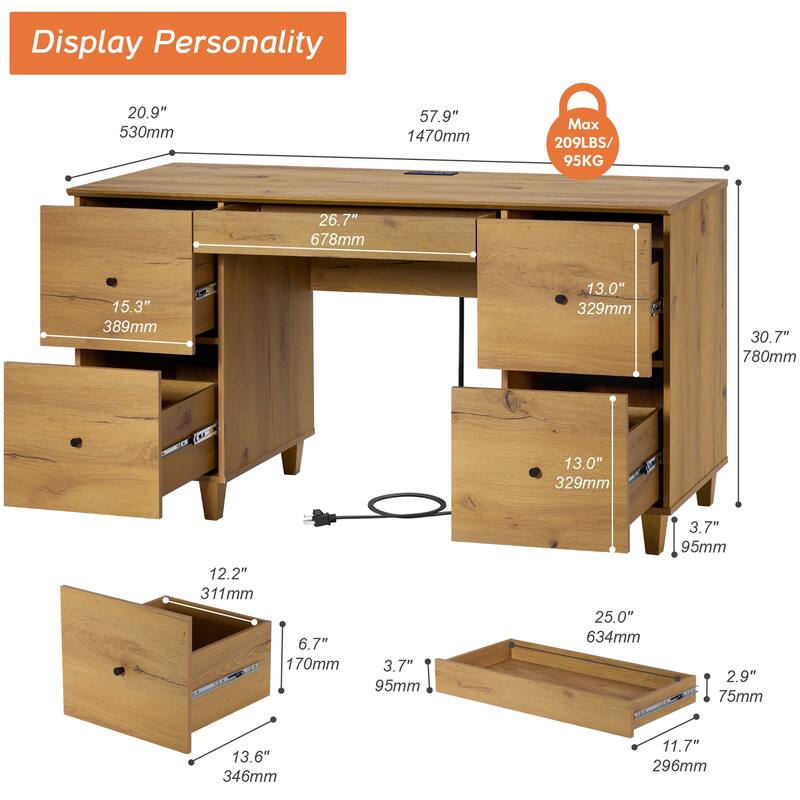 WAMPAT Executive Desk with 5 Drawers, 58 Inch Wide for Home Office
