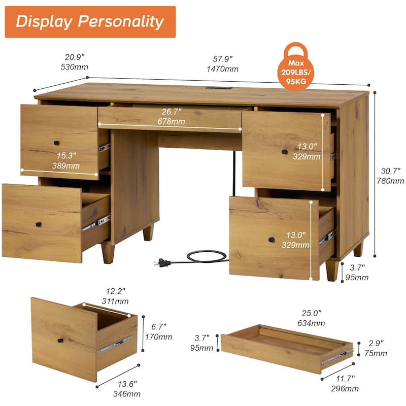WAMPAT Executive Desk with 5 Drawers, 58 Inch Wide for Home Office