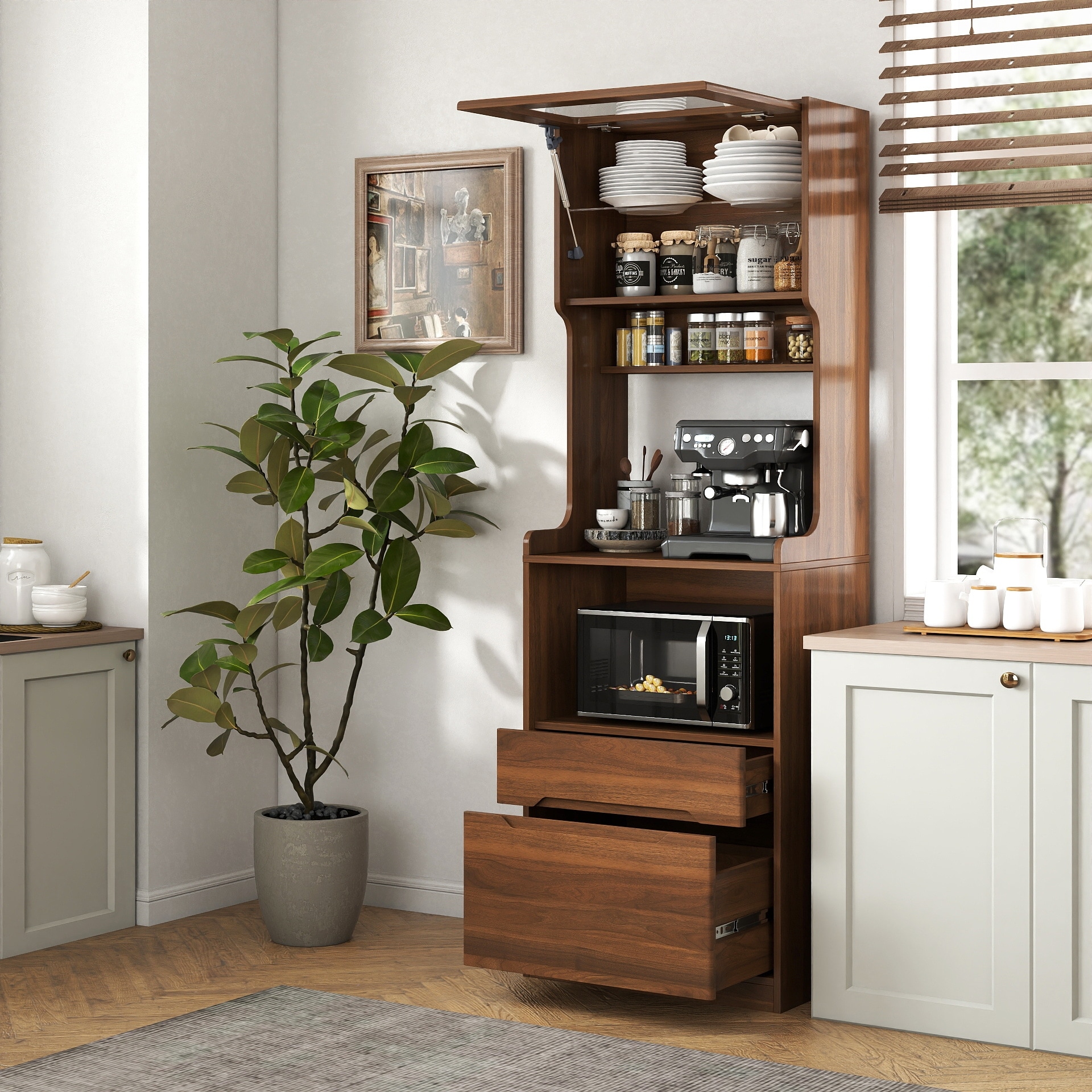 Farmhouse Wood Kitchen Pantry Hutch Cabinet with Microwave Stand and Storage Drawers Walnut by GDFStudio