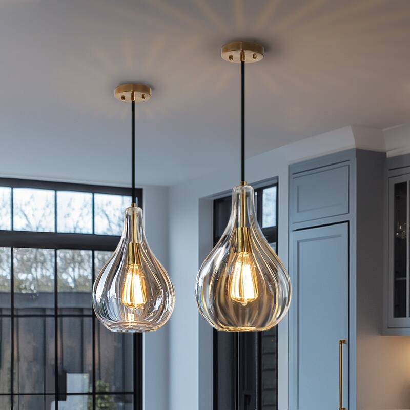 Coria Mid-century Modern Teardrop Fluted Glass Kitchen Island Pendant Lights - D 8.3" x H 13.8"
