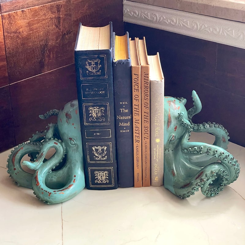 Aqua Green Octopus Bookends Set Of 2 Nautical Polyresin Coastal Shelf - 5 X 10 X 8 inches