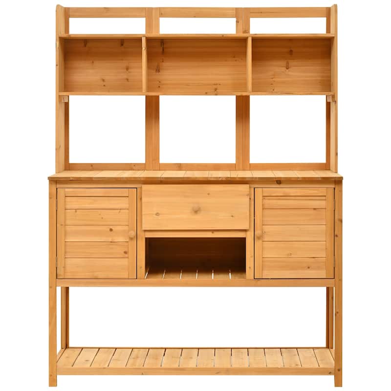 Roomfitters Outdoor Potting Bench Table, Solid Fir Wood with Hutch, storage units & Adjustable Shelves for Planting