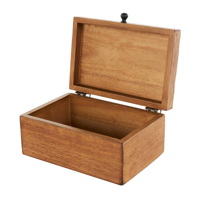 Brown Wood Textured Concave Honeycomb Storage Box with Black Knobs (Set of 2)