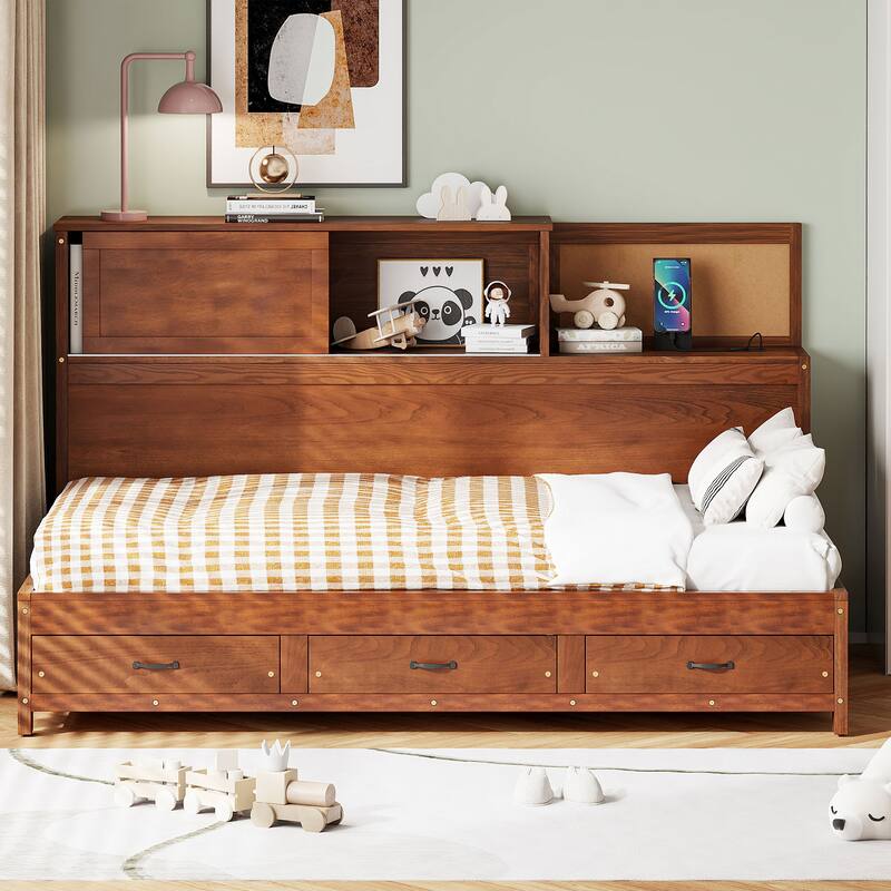 Wooden Daybed With 3 Storage Drawers, Upper Soft Board, Shelf, And A Set Of Sockets And Usb Ports
