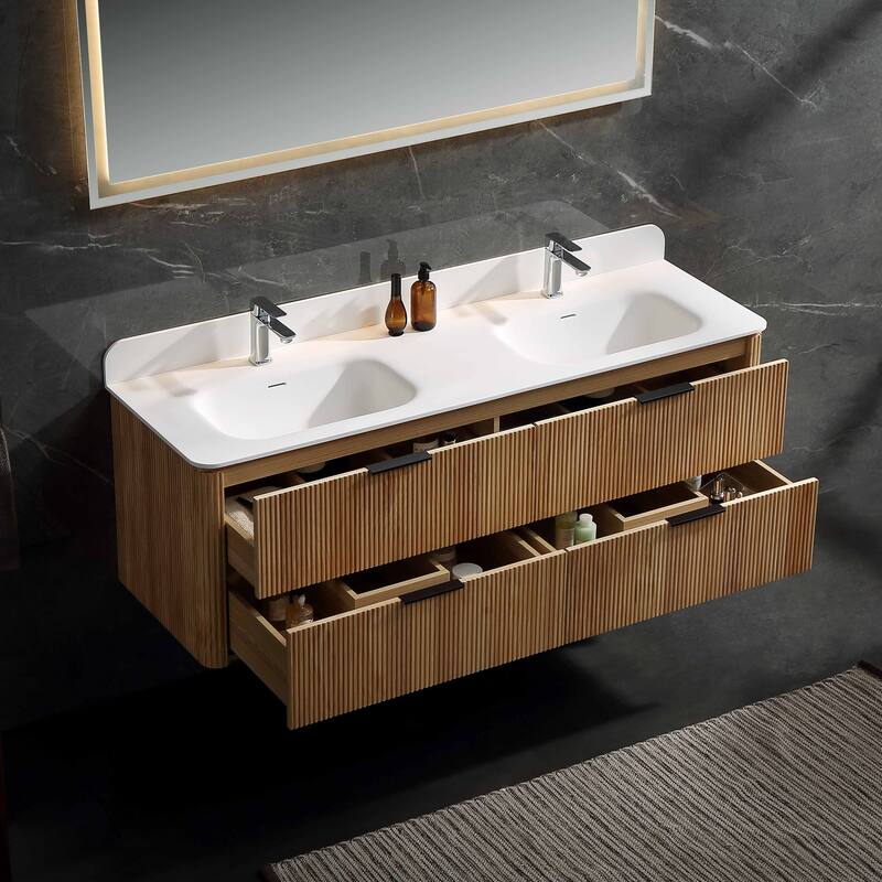 Modland 60" Natural Reeded Oak Wall-Mounted Double Sink Bathroom Vanity with Acrylic Top