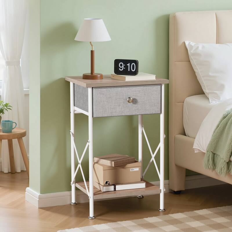 Javlergo Set of 1 or 2 Modern X-Shape End Table with Removable Fabric Drawer & Open Shelf for Living room bedroom study room