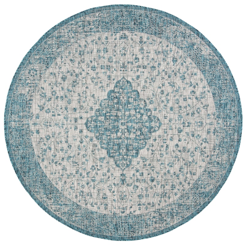 SAFAVIEH Courtyard Boud Indoor/ Outdoor Waterproof Patio Backyard Rug - 5'3" Round - Teal/Cream