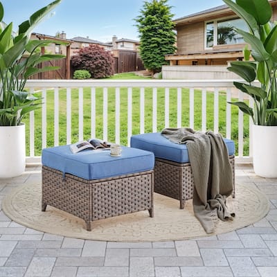 2 Piece Outdoor Wicker Ottomans - Brown