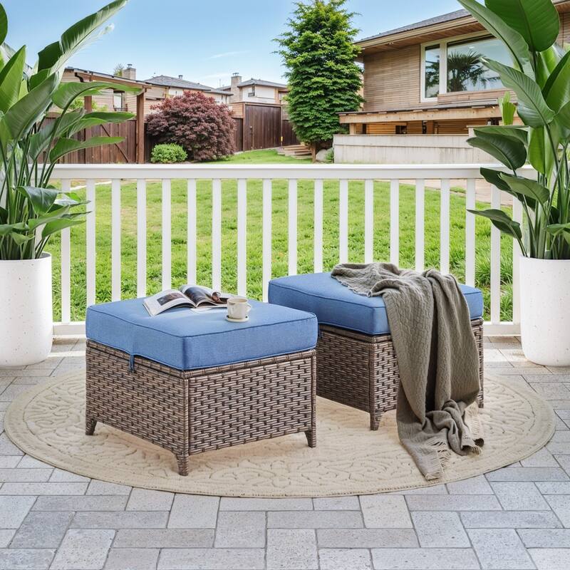 Wicker Ottomans, Outdoor Wicker Footstool Set of 2 - Blue - Brown