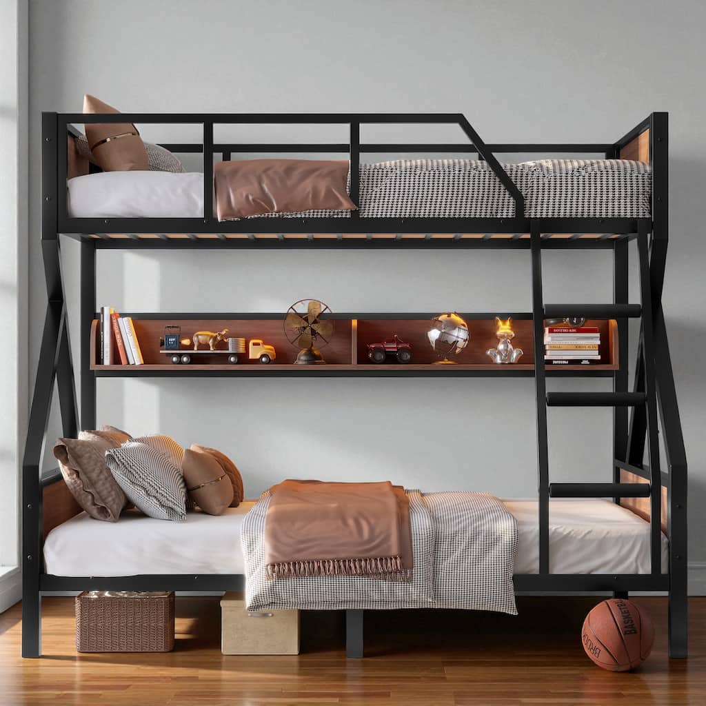 Twin over Full / Twin XL over Queen Metal Bunk Bed with Storage Shelves & LED Lights, Sturdy Noise-Free Space-Saving Design