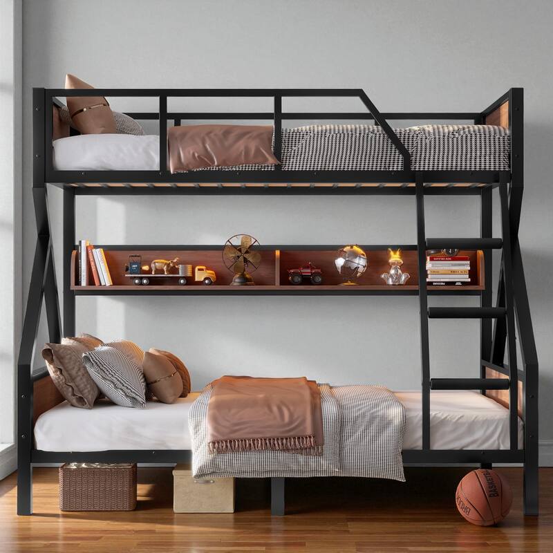 Twin over Full / Twin XL over Queen Metal Bunk Bed with Storage Shelves & LED Lights, Sturdy Noise-Free Space-Saving Design - Black - Full