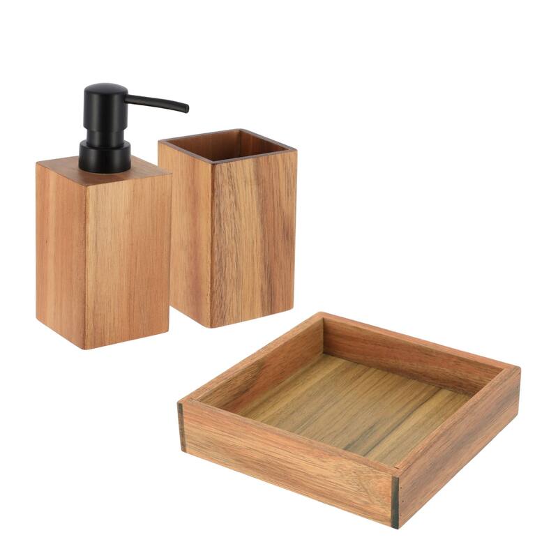 Acacia Bathroom Accessory Set 3-Pieces Square - tumbler, soap dispenser and a square tray - tumbler,  soap dispenser and a square tray - Brown