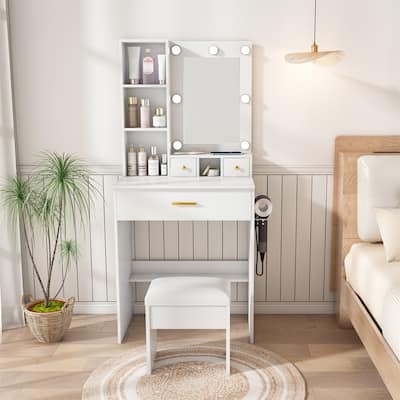 Vanity Table with Mirror & Adjustable LED Lights, Power Outlet, Hairdryer Holder & Stool