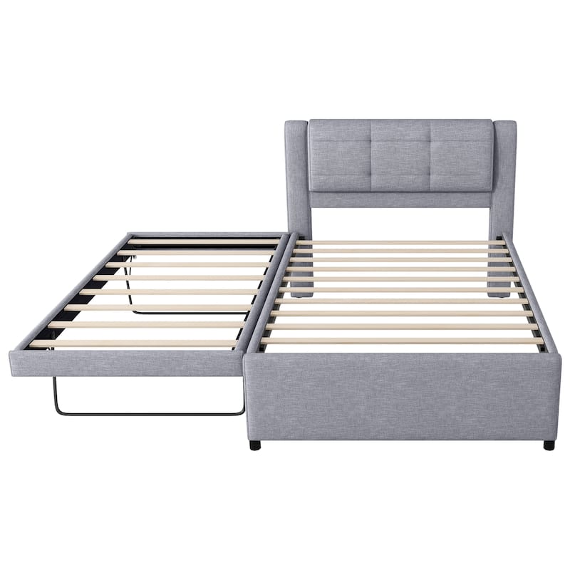 Full Size Linen Platform Bed with Adjustable Trundle - Convertible to Twin Guest Bed (No Box Spring Needed)