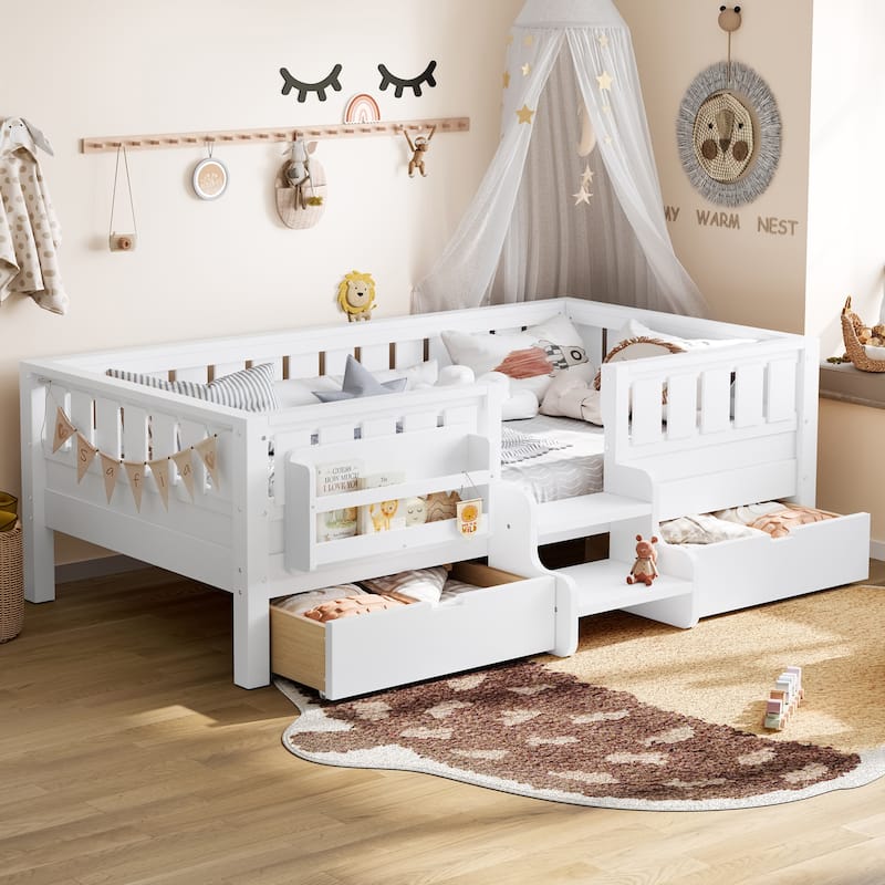 Multiple Colors Toddler Montessori Bed Children's Platform Bed with Low Profile Stairs, Built-in Bookshelf and Storage Drawers - White - Twin