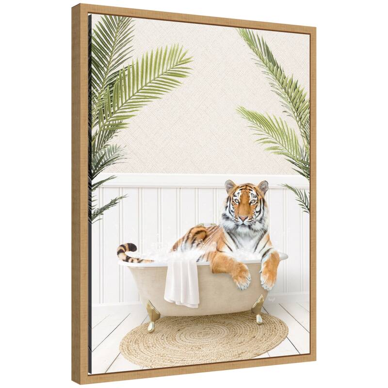 Kate and Laurel Sylvie Tiger in Palm Bath Framed Canvas by Amy Peterson - 18x24