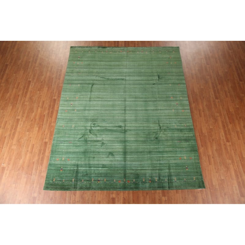 Striped Green Gabbeh Oriental Area Rug Handmade Silk Carpet - 9'1"x 11'5"