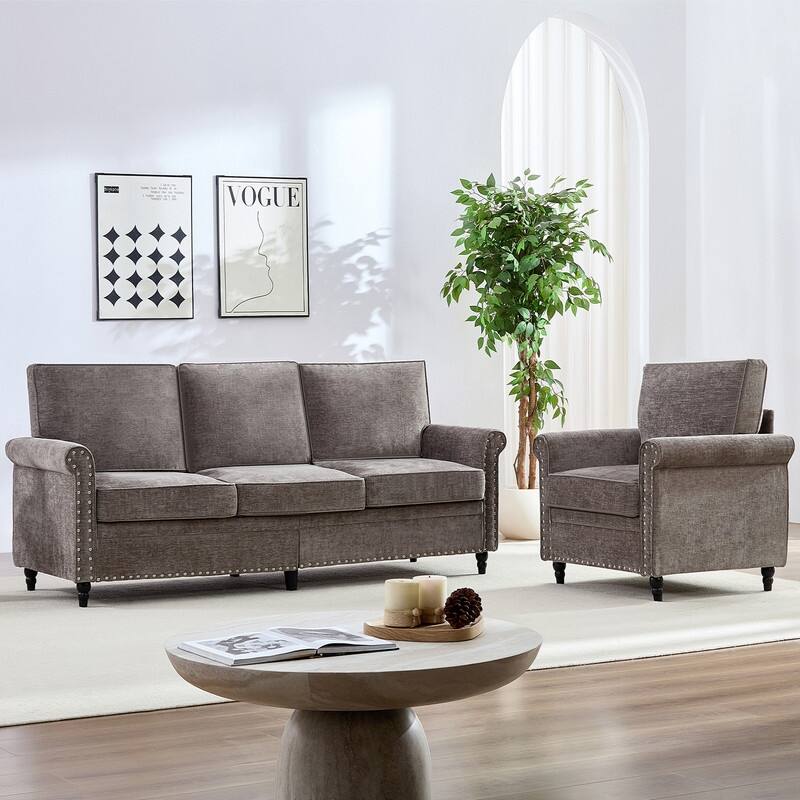 Mixoy Chenille Fabric 3-Seater Sofa Couch with Single Sofa Chair with Rivet Design,Solid Wood Gourd Legs for Living Room - 3+1 - Light Grey-3+1 - 2 Piece