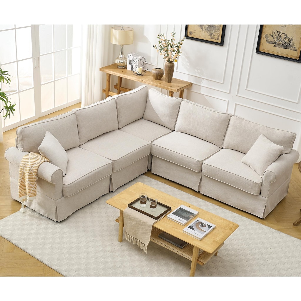 Modular Sectional Sofa, Convertible L-Shaped Upholstered Couch with Rolled Arms, Classic Reversible Corner Sofa for Living Room
