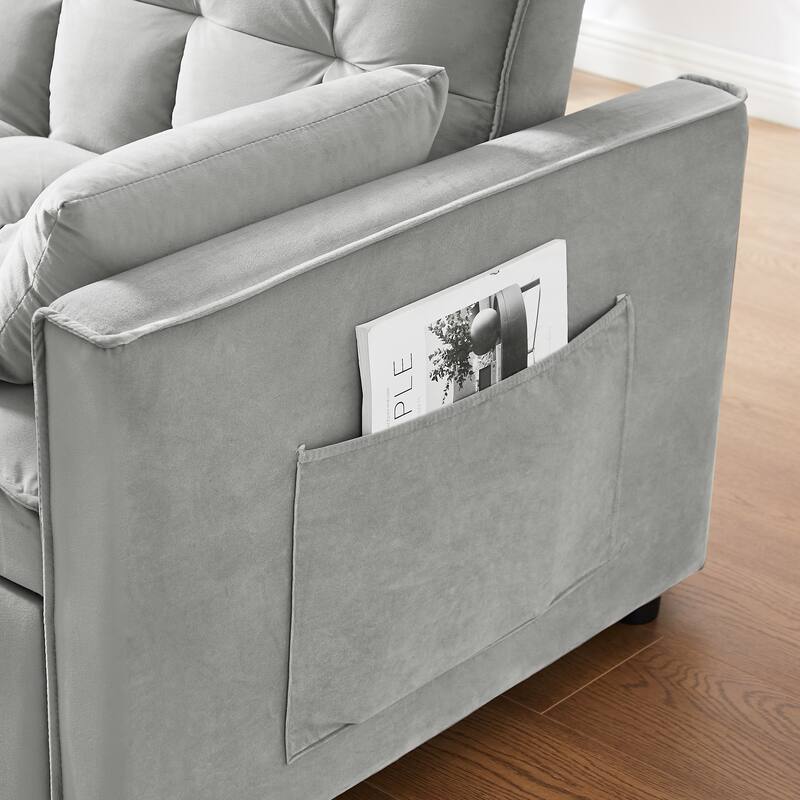 3-in-1 Modern Velvet Loveseat Futon Sleeper Sofa with Pillows Pockets Gray