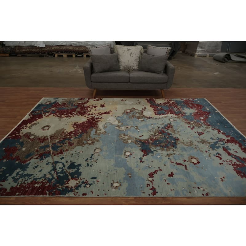 Hand Knotted Oriental Silk Carpet Modern Abstract Navy Blue & Blues Contemporary Area Rug - 10' 2'' X 8' 1''
