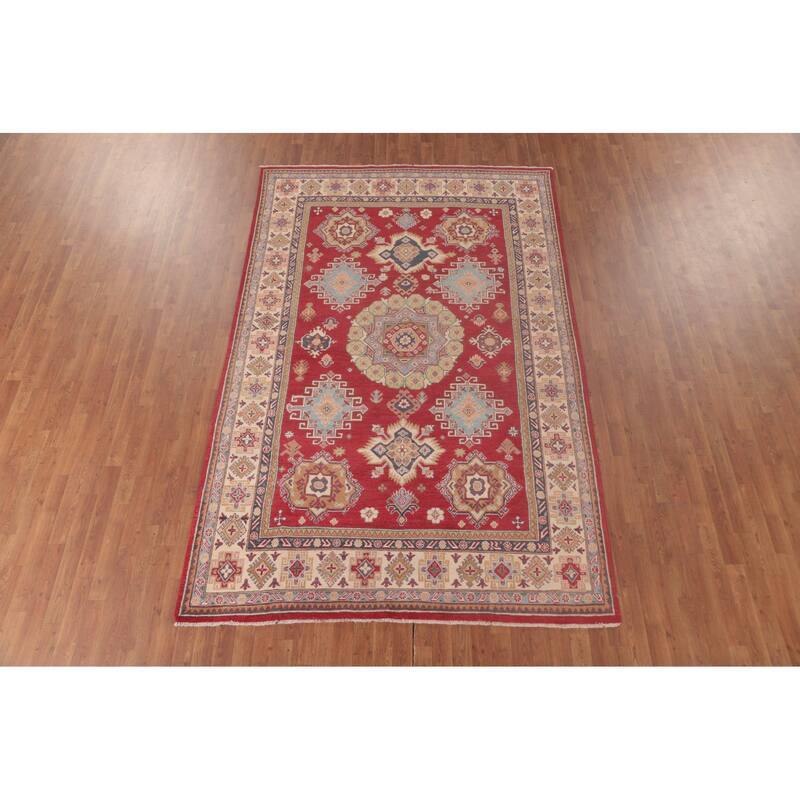 Red Geometric Kazak Oriental Area Rug Handmade Wool Carpet - 6'4" x 9'9"