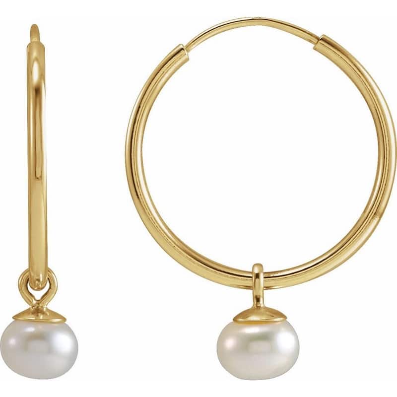 Curata 14k Yellow Gold White Cultured Pearl Dangle 15mm Endless Hoop Earrings