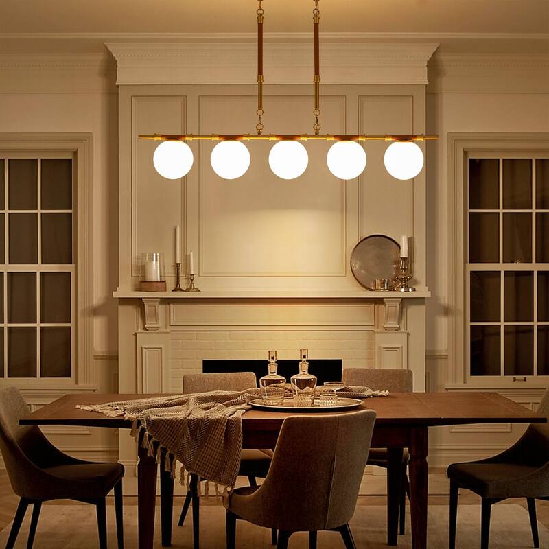 Modern French 5-Light Linear Chandelier in Brushed Brass with Textured Lychee Rods and Opal Globe Shades