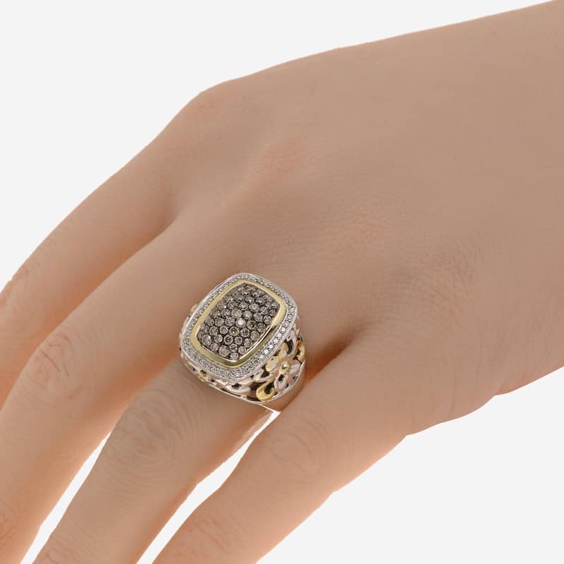 Charles Krypell Sterling Silver and 18K Yellow Gold, White and Brown Diamond Statement Ring Sz. 6.5