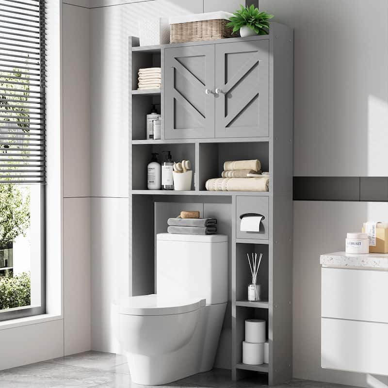 Over-The-Toilet Storage Cabinet – 2-Door Bathroom Organizer with Tissue Holder - Grey