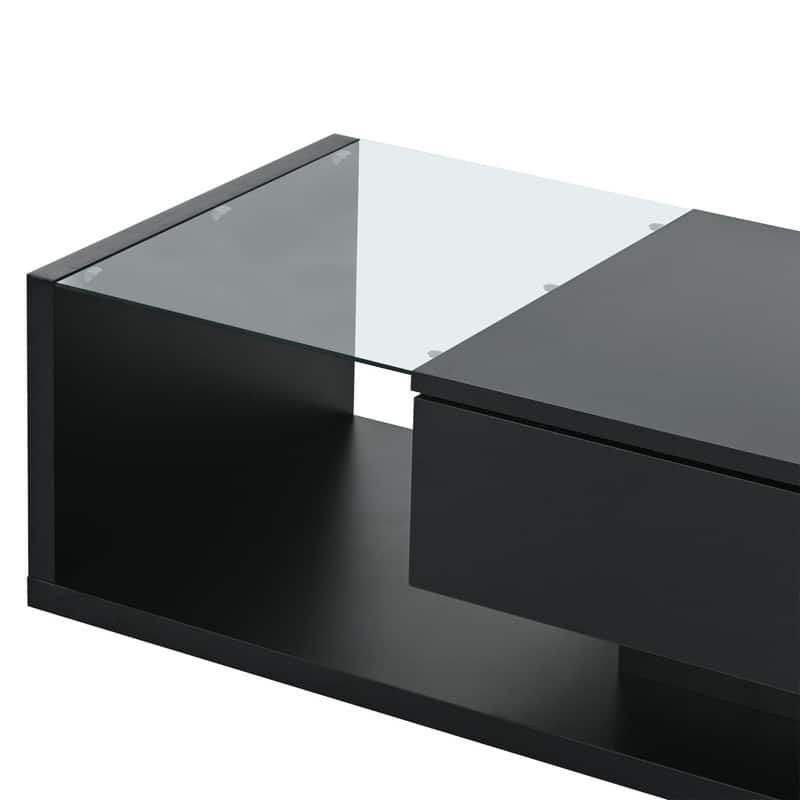Modernist Glass & High-Gloss Wood Coffee Table with Drawer, 2-Tier Rectangular Center Table for Living Room
