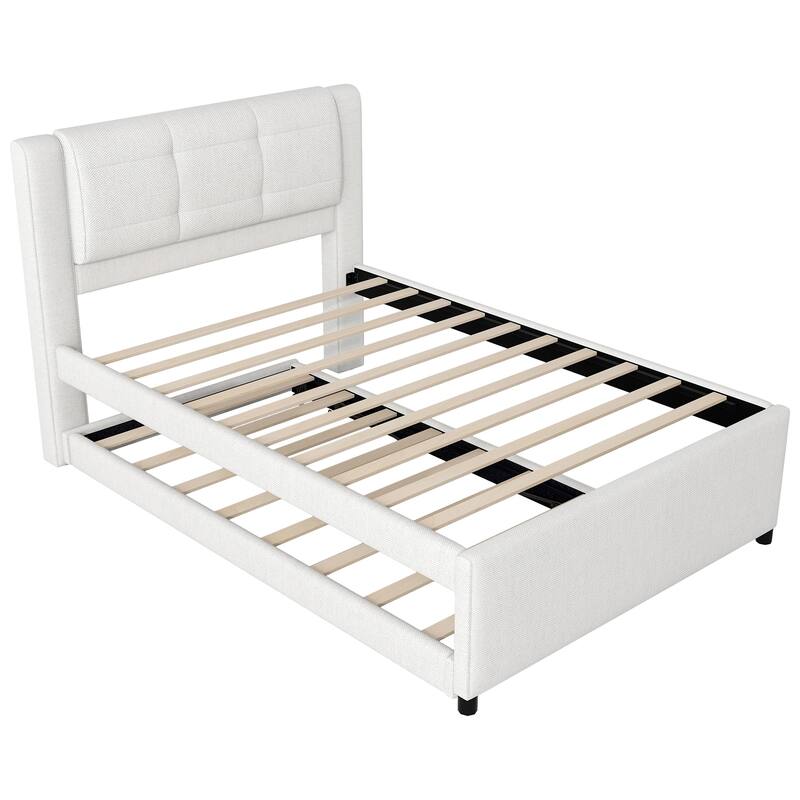 Full Size Upholstered Platform Bed with Multifunctional Trundle, Trundle Can Be Flat or Elevated, No Box Spring Required