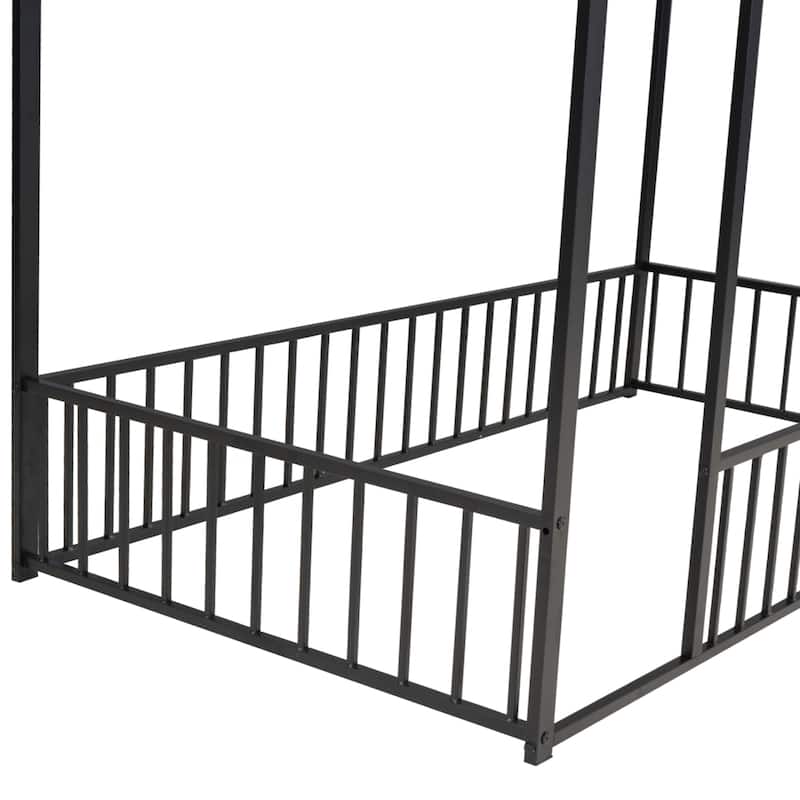 Twin Size Metal House Bed Frame with Fence and Roof for Kids, Teens, Girls, Boys